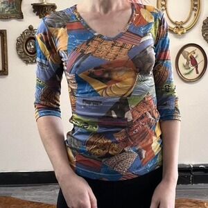 Vintage Y2K Cheryl Creations Tropical Mesh Collage Print Top
